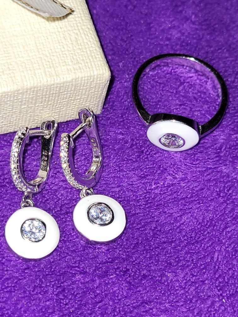Комплект серебро кольцо серьги