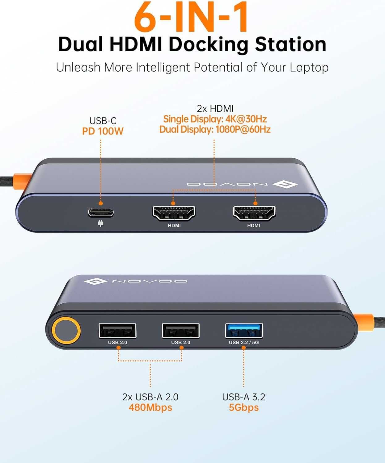 NOVOO USB-C към двоен HDMI 4K 30HZ, 100W PD, 4 USB порта