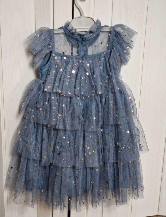 Детска парти рокля - синьо-сива