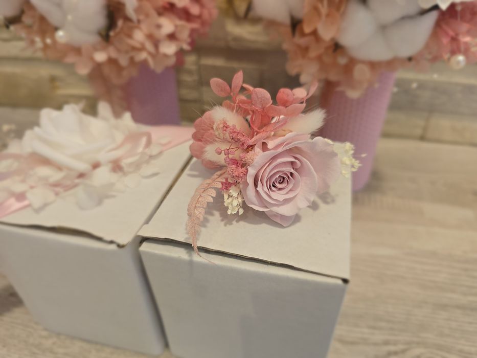 Disponibil un set cu 2 lumanari, 1 buchet, 1 cocarda si 5 bratari.