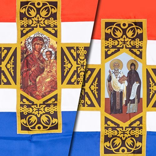 Самарско знаме - шито от три цвята плат с апликиран кръст с две лица
