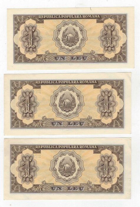 Lot 3 bancnote ,serii consecutive -1 leu 1952