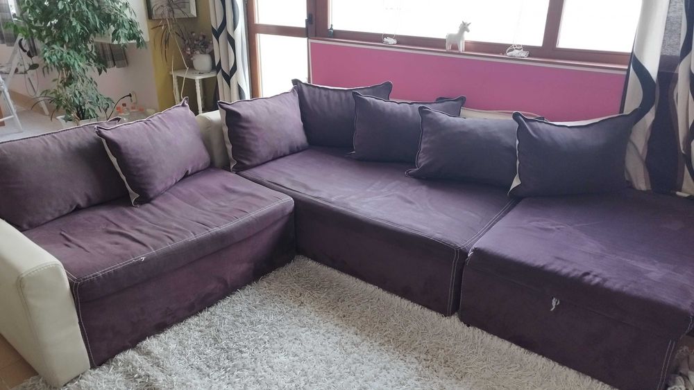 Модулен диван от четири части с място за съхранение в лилаво