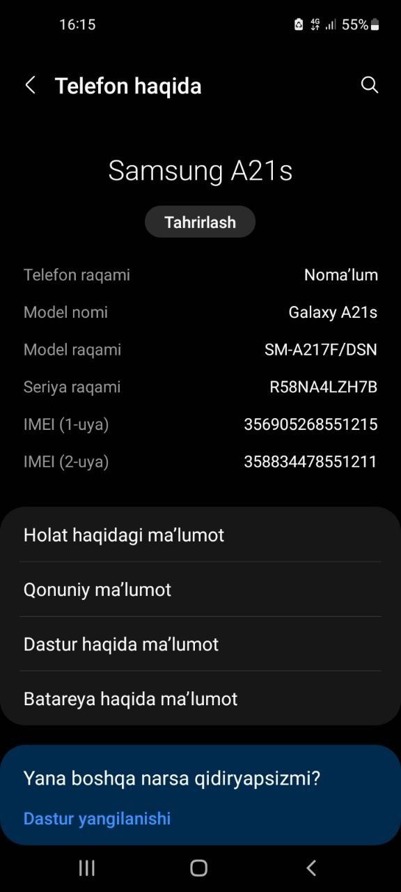 Samsung Galaxy a21s 3ga 32 xotira