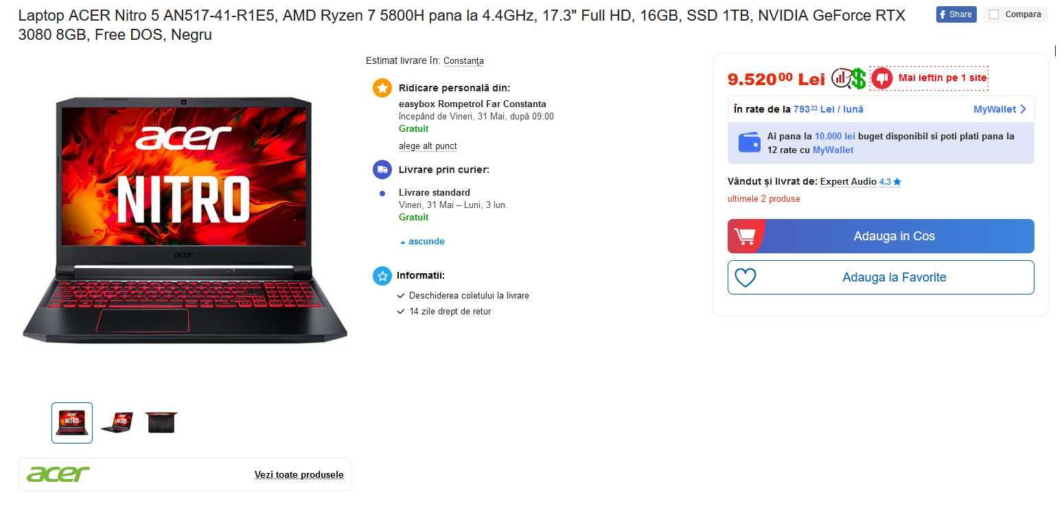 Laptop ACER Nitro 5 | Ryzen 7 5800H | RTX 3080 | SIGILAT | GARANTIE