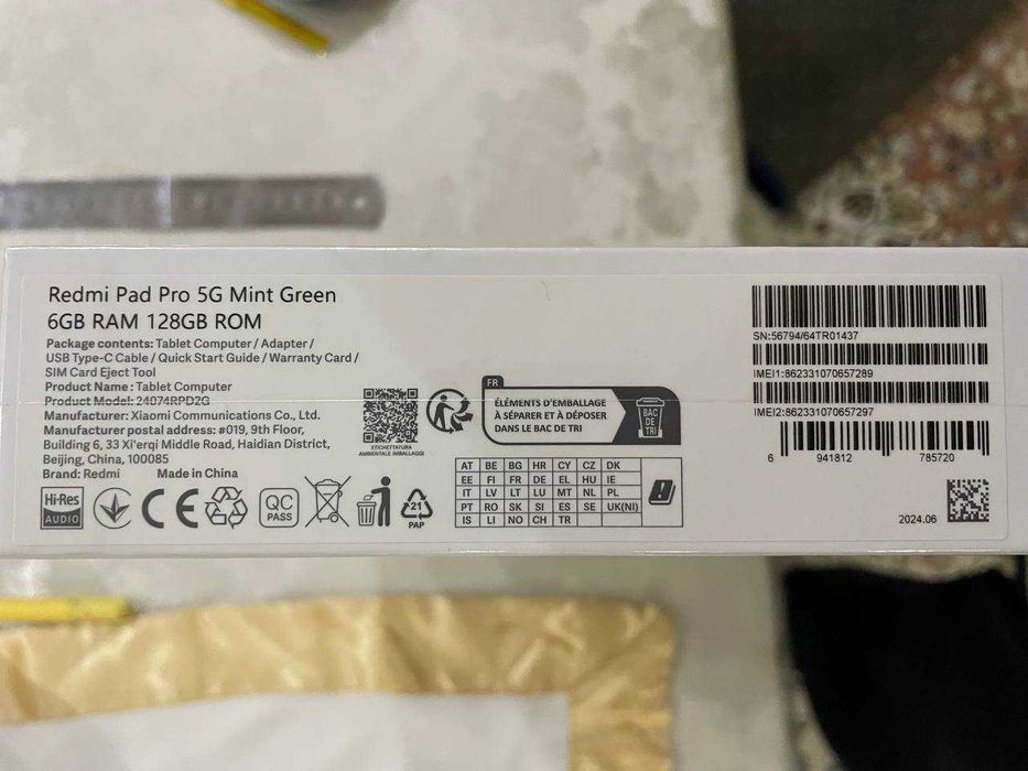 Планшет xiaomi redmi pad pro 5g 6gb 128gb mint green