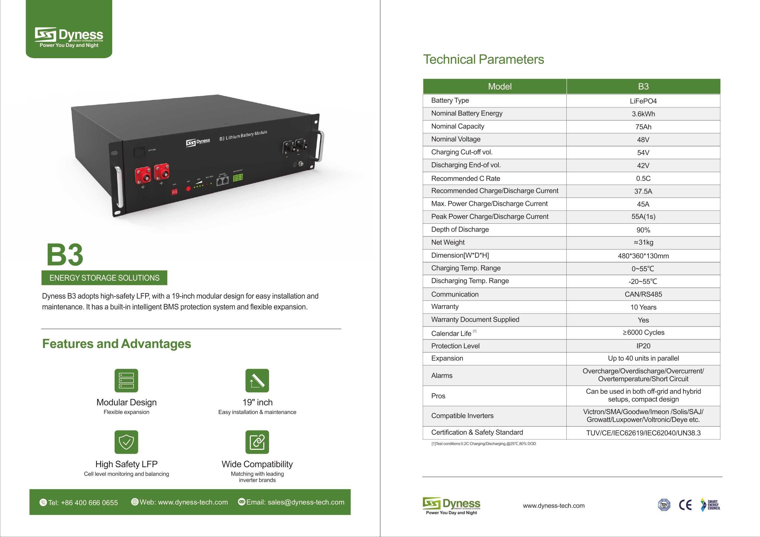 Baterie solara Dyness B3 3.6 kWh 48V LFP(LiFePO4) cu BMS integrat