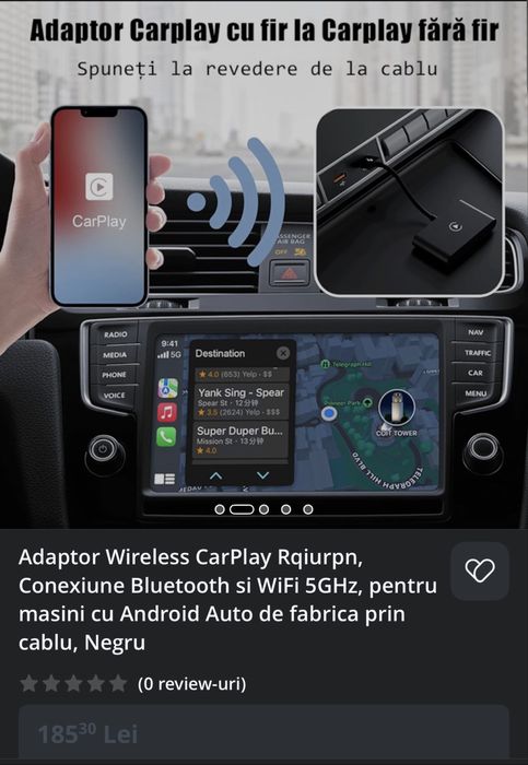 Adaptor wireless apple carplay, conexiune prin bluethooth si wifi