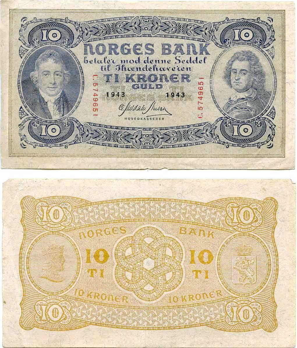 Банка на Норвегия от 1941-43 год. Десет златни крони