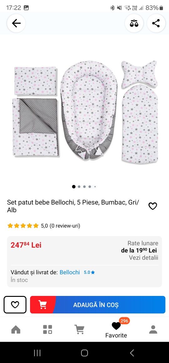 Vând Set patut bebe Bellochi, 5 Piese, Bumbac, Gri/Alb