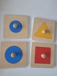 Set 4 puzzle uri din lemn Montessori cu maner si forme geometrice