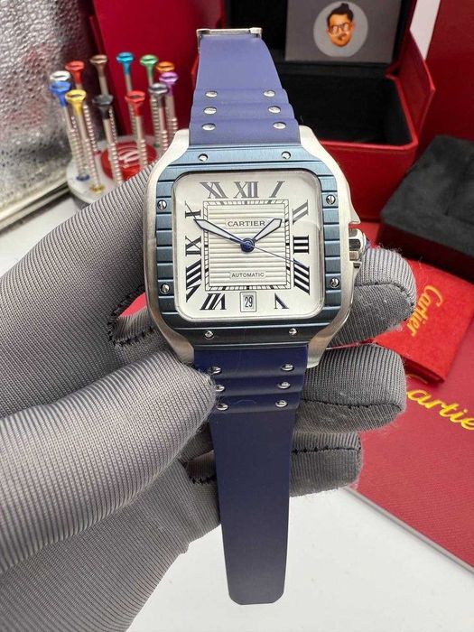 Cartier santos 100 PVD сребристо/синьо
