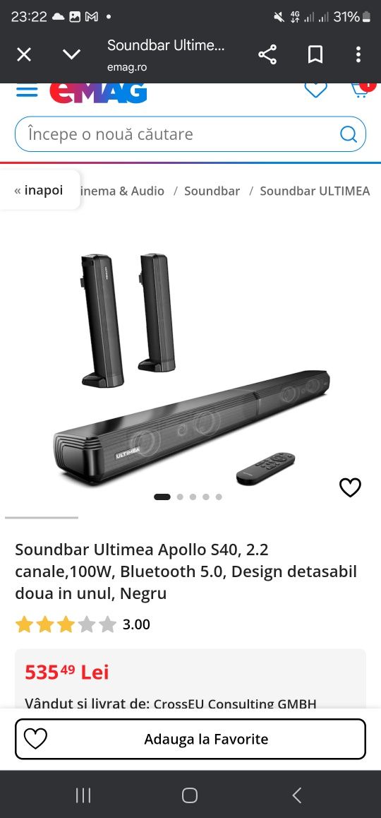 Soundbar Ultimea Apollo S40, 2.2 canale,100W, Bluetooth 5.0, Design de