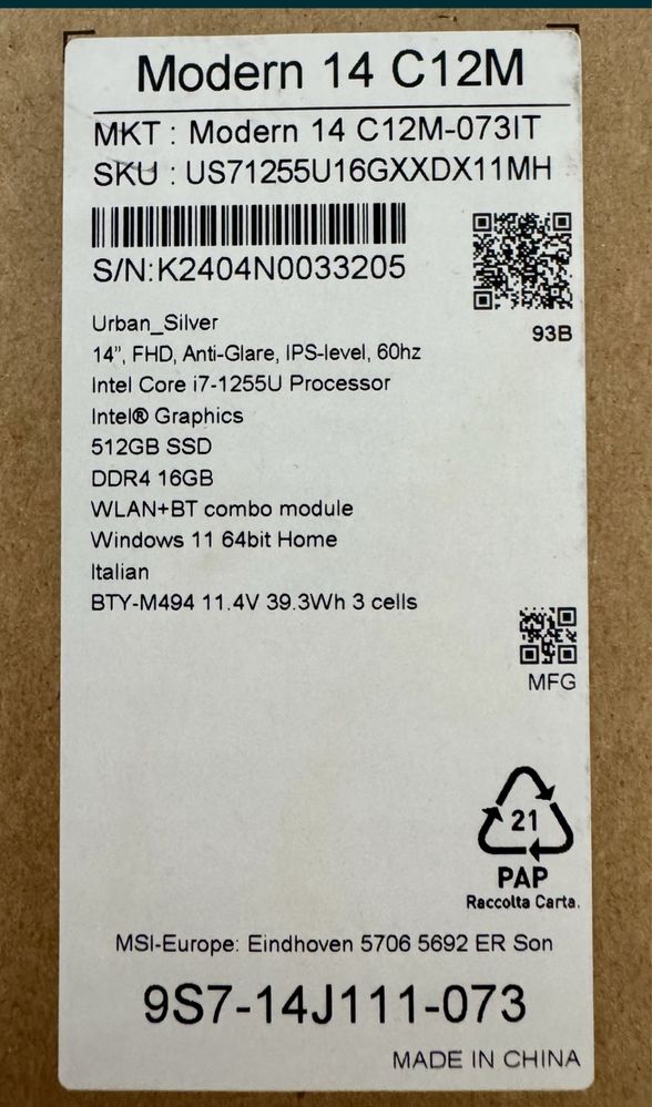 Laptop MSI Modern 14 C12M-073IT LCD 14” I7 16GB 512GB Win 11 Nou