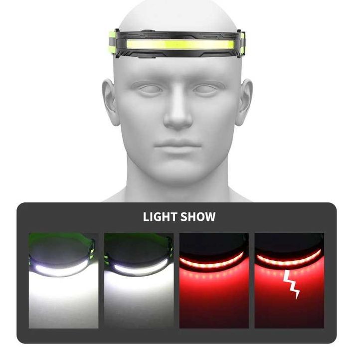 Мощен LED Челник със сензор + кабел за къмпинг риболов