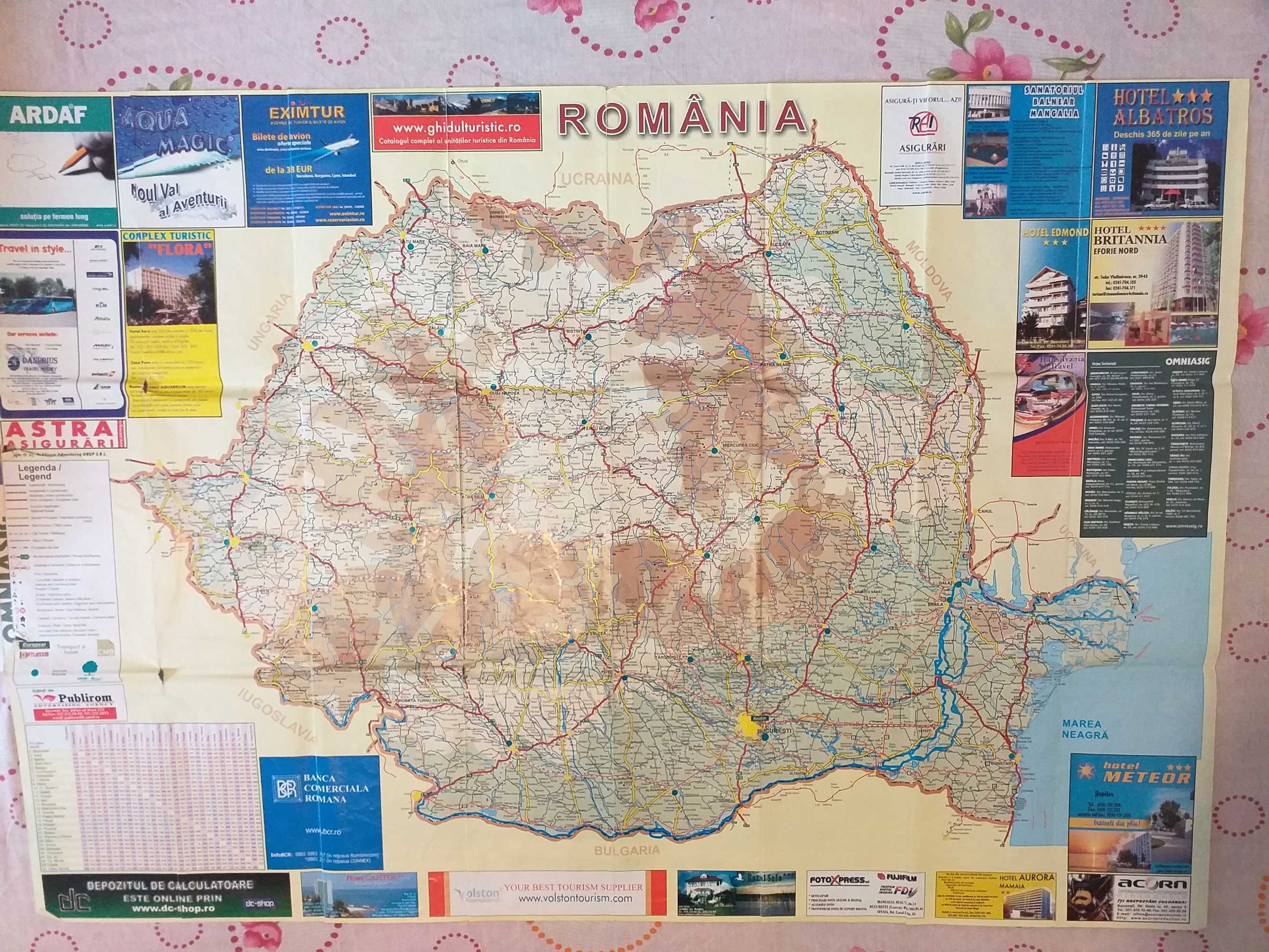 3 Hărți Geografice mari,Harta.Rutiera România,Lumii,Turistica,anii2000