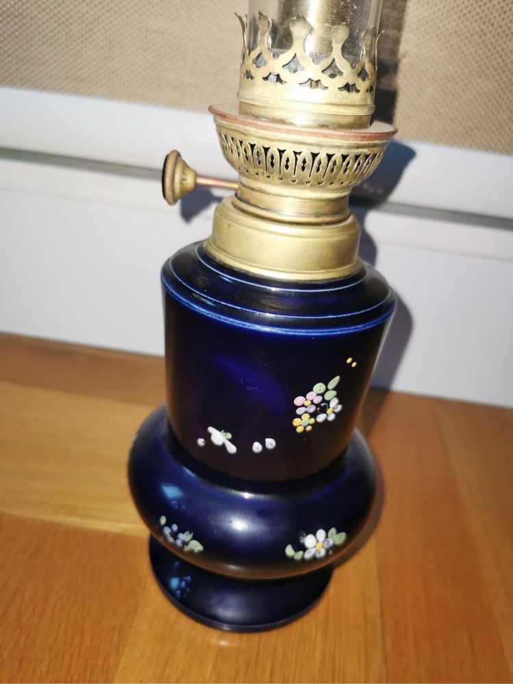 Антикварна газова лампа от 1950г винтидж френска кралско синя керамика