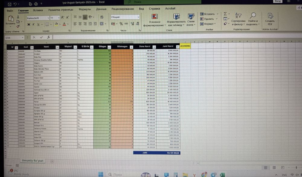 Excelda shablon yaratish hisob-kitob ma’lumotlar kiritish