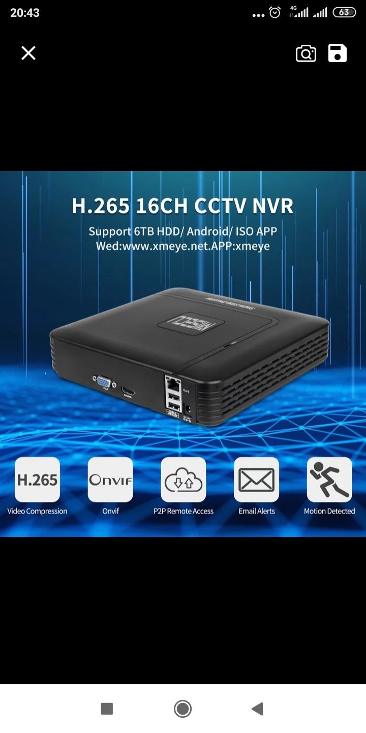 Видеорегистратор NVR IP, цифровой сетевой 16 канальный, 4К H265,H264.