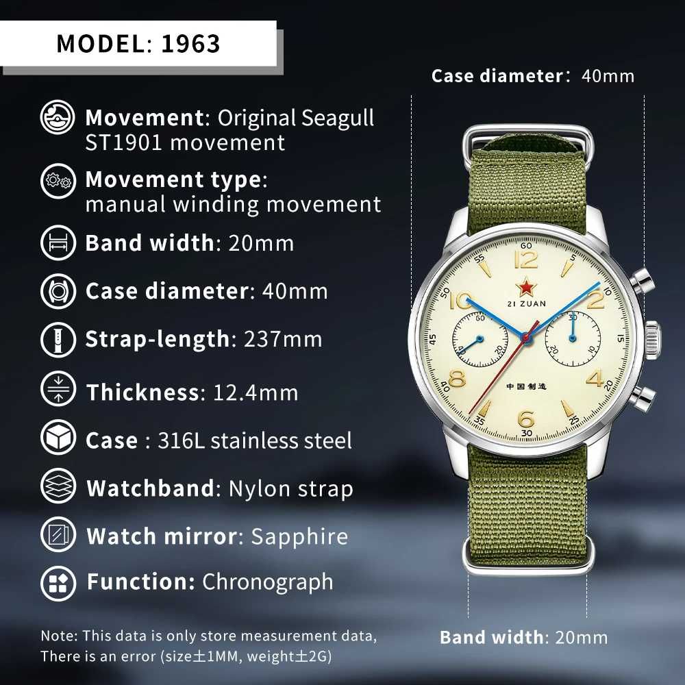 Ceas 40 mm Pilot 1963 Chronograf Safir Seagull ST1901