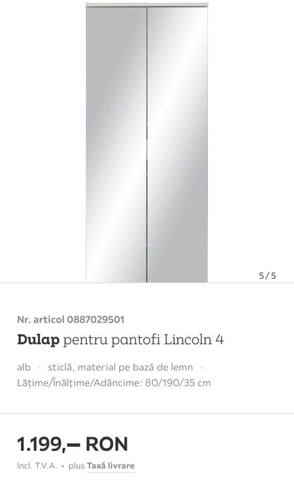 VÂND pantofar LINCOLN, 2 oglinzi, 12 rafturi, nou ! 80x35x190