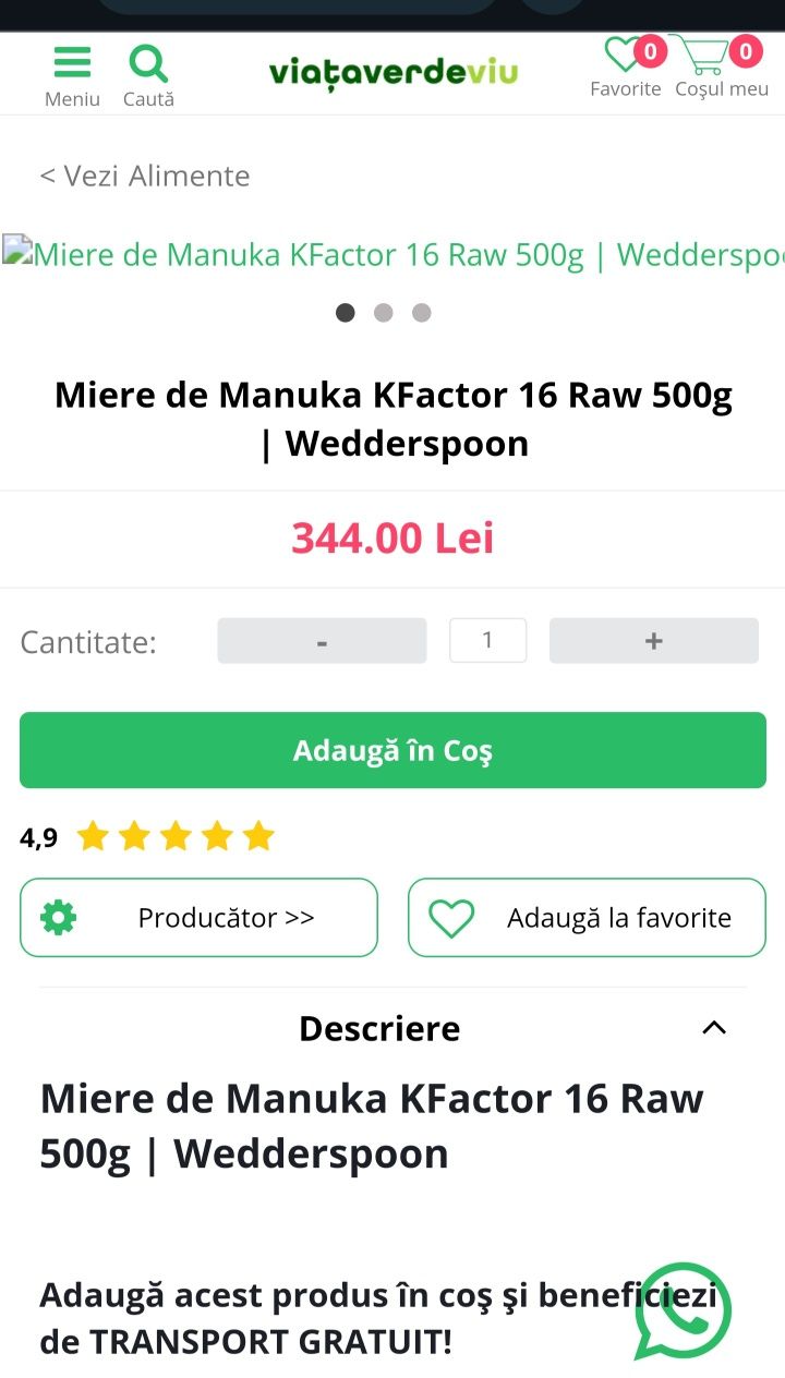 PE STOC Miere de Manuka factor 16 500 g Wedderspoon