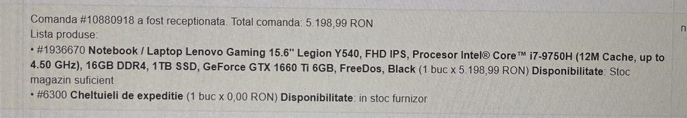 Laptop Gaming 15.6'' Legion, i7-9750H,16GB, 1TB SSD,GTX 1660 Ti 6GB