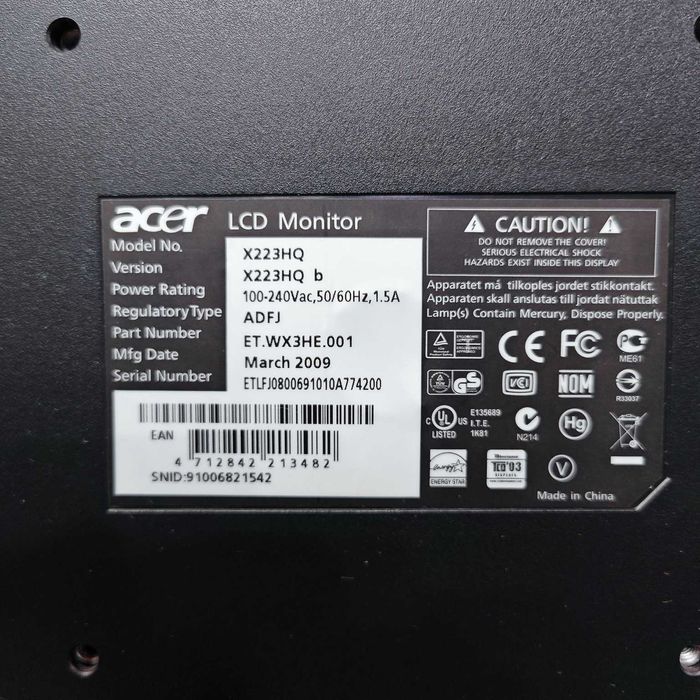 Монитор Acer X223HQ Диагональ — 21,5 дюйма