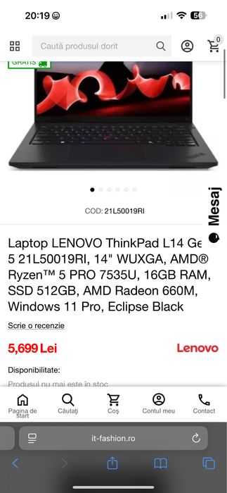 Ultrabook Lenovo ThinkPad L14 Gen 5, AMD Ryzen 5 PRO 7535U ca nou!