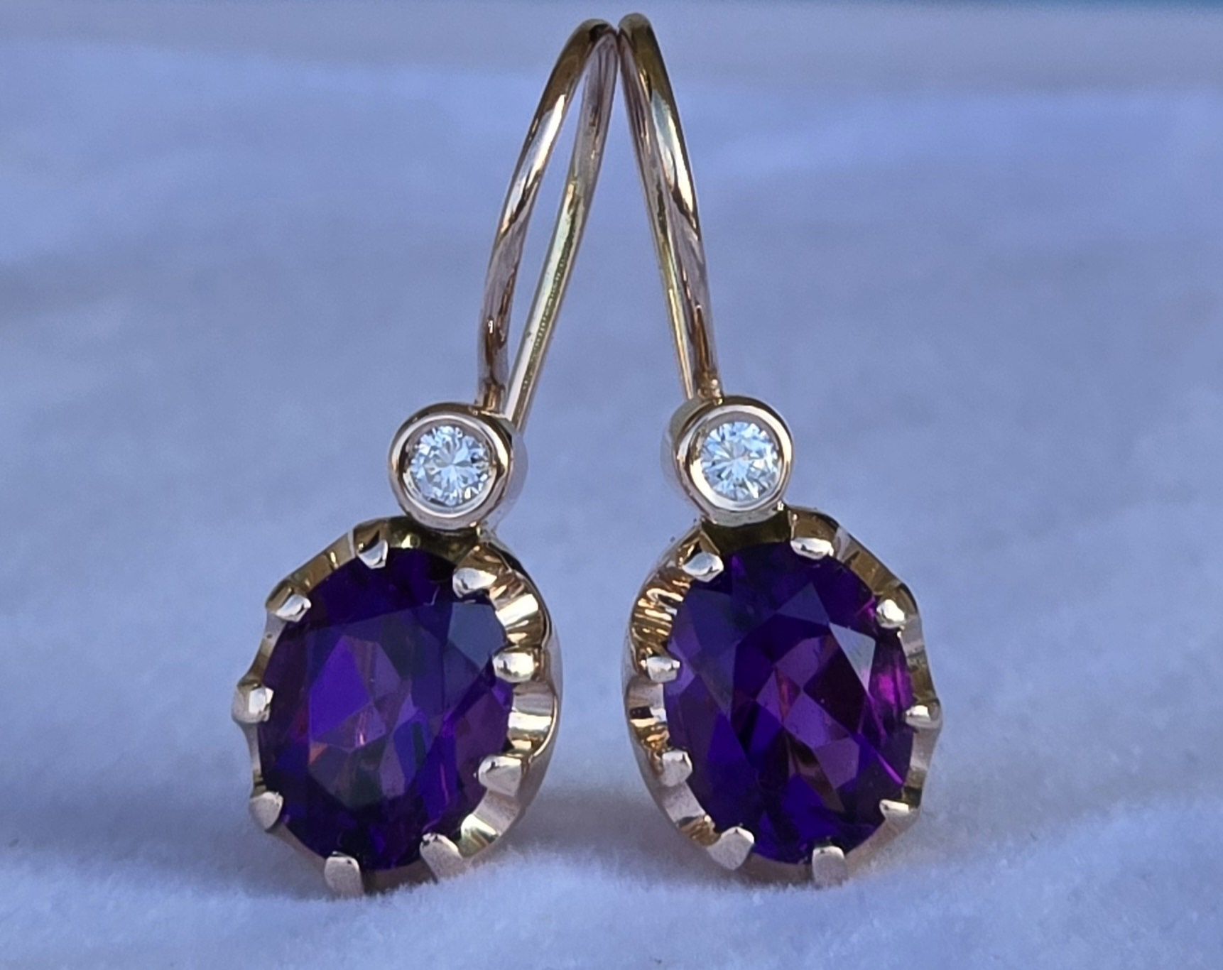 Cercei din aur galben de 14k cu diamante și ametiste naturale