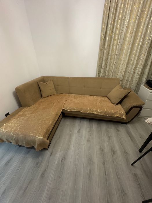 Разтегателен ъглов диван + клик-клак механизъм , светло кафяв ,