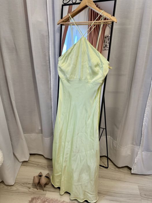 Rochie lunga satinata spatele gol galben lime Massimo Dutti marimea L