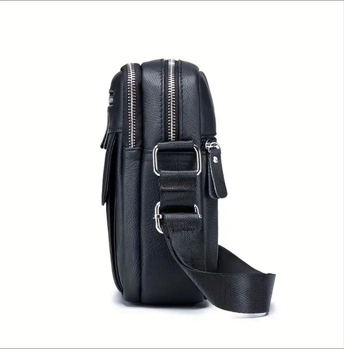Стилна, Лятна бутикова мъжка чантичка за през рамо /Черна естест. кожа