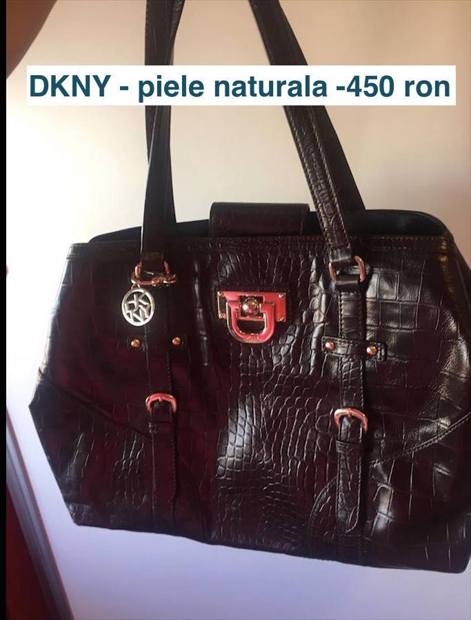 Geanta Poseta piele naturala DKNY albastru alb negru rosu maro