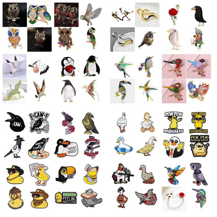 Брошь ПТИЦЫ. Журавли, аисты, пингвины, совы, утки, вороны, ласточки др