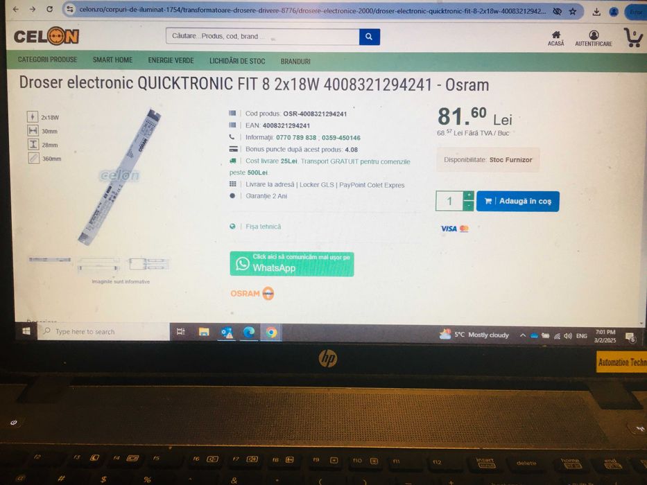 8 X drosere electronice Osram pentru tuburile fluorescente 2X18W, nou.
