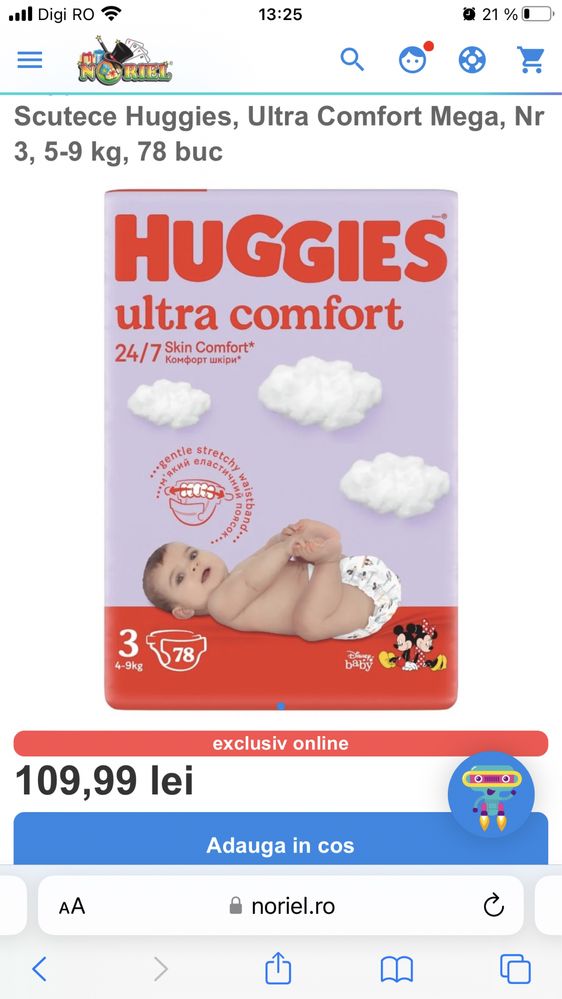 Scutece Huggies, Ultra Comfort Mega, Nr 3, 5-9 kg, 78 buc