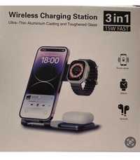 Incarcator 3 in 1 Premium Metalic si Sticla Apple Watch Airpods Iphone