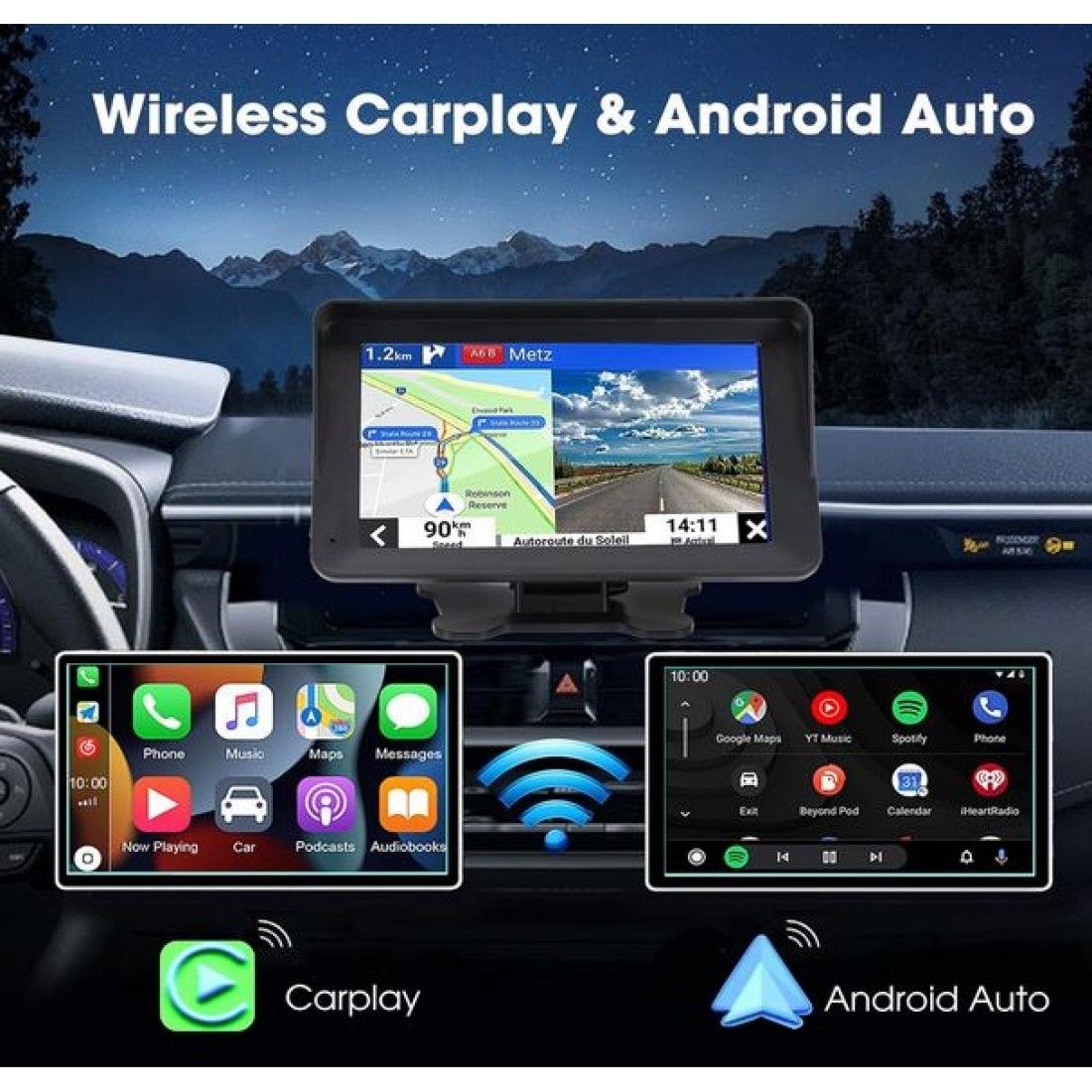 Преносим 7" безжичен CarPlay и Android Auto екран C690 за автомобил –
