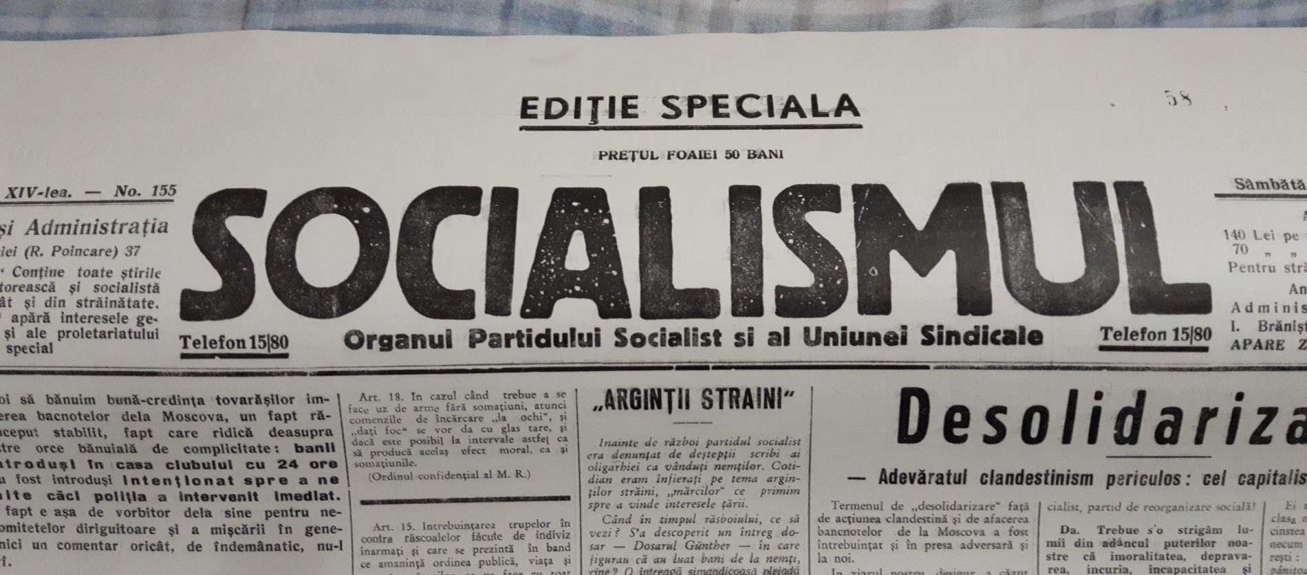 Ziarul SOCIALISMUL Ediție Speciala 1920