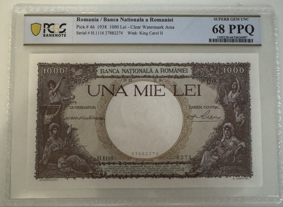 1000 lei 1938 PCGS68 Top Pop UNC bancnota gradata