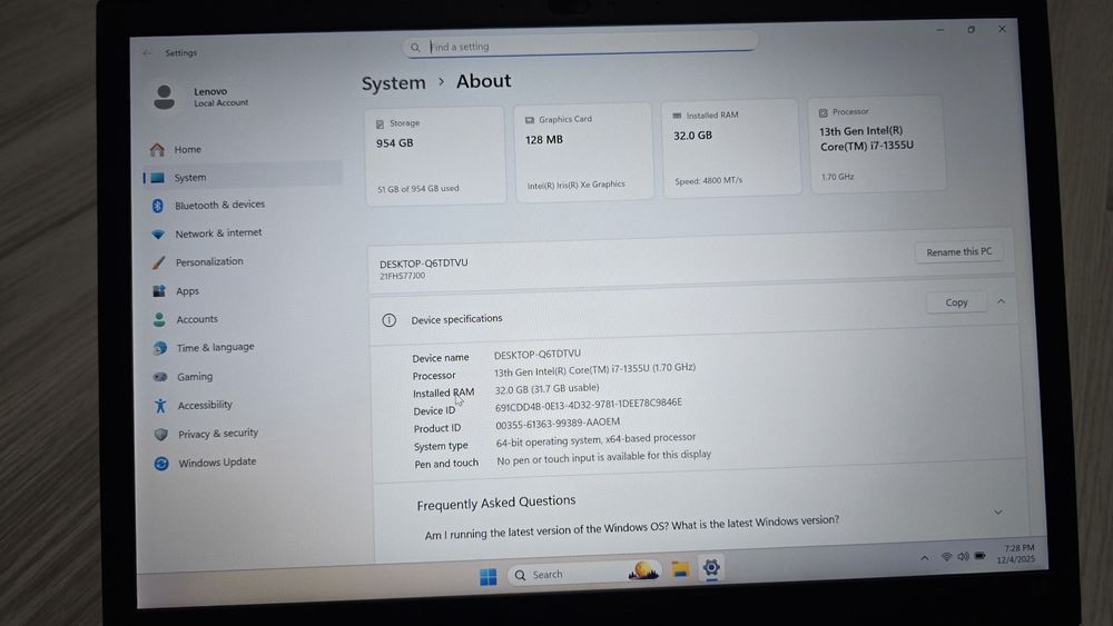 Laptop lenovo i7 gen13, 32Gb ddr5, ssd 1Tb, 13.3Fhd+, thinkpad L13gen4