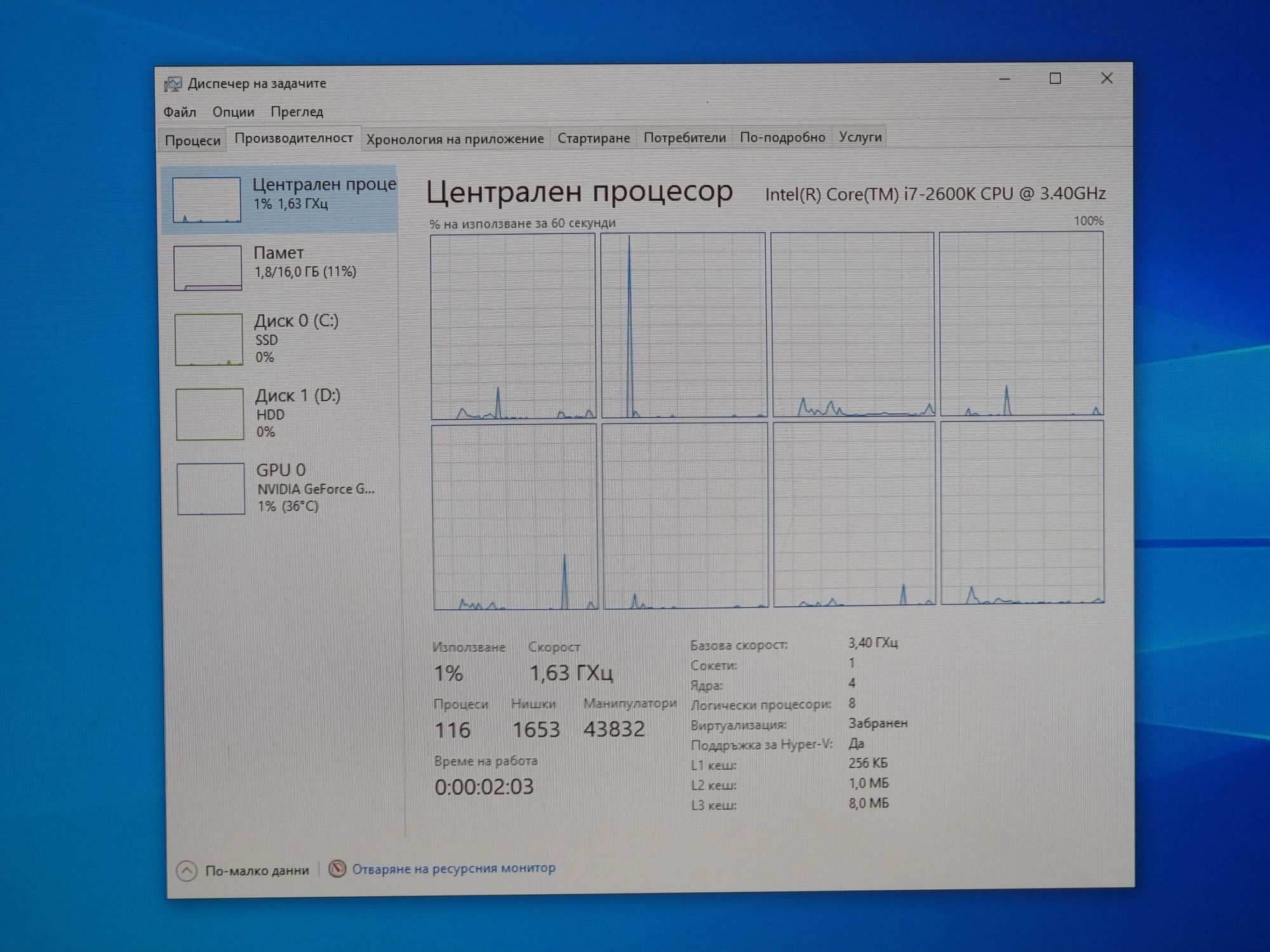 Геймърски Компютър/I7 2600K/16GB RAM/SSD-256GB+500GB/GTX 1060 6GB