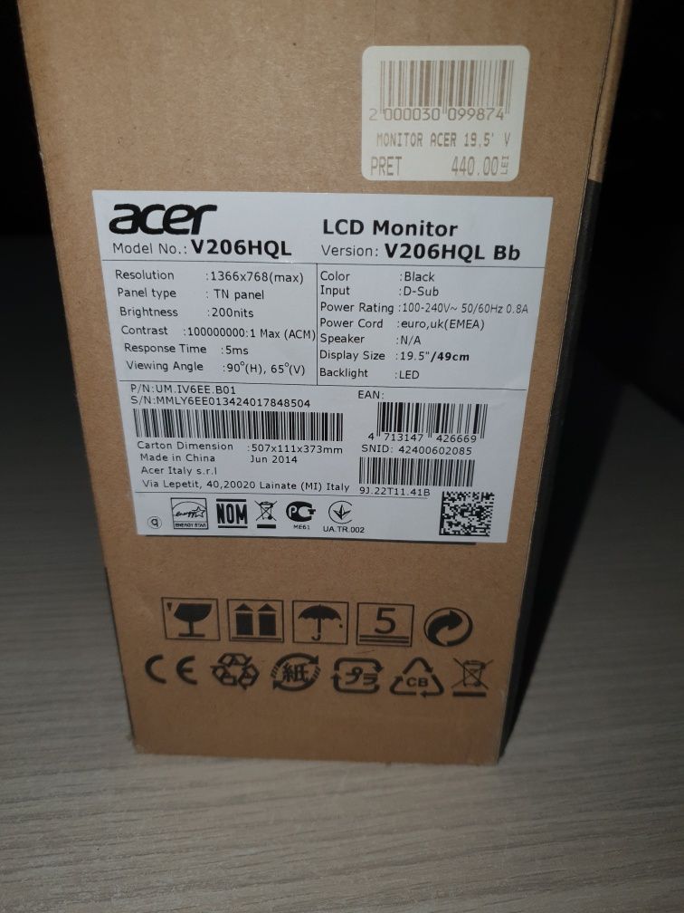 Monitor LCD Acer V206HQL 19,5"/49 cm