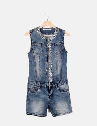 Salopeta Miss Bonbon denim dama perle si cristale