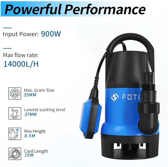 FOTING 900 W преносима потопяема помпа за мръсна/чиста вода
