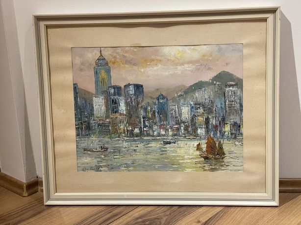 Pictura Hong Kong barci oras ulei pe panza