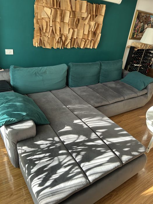 Vand coltar living gri extensibil cu lada de depozitare 310x210 cm,