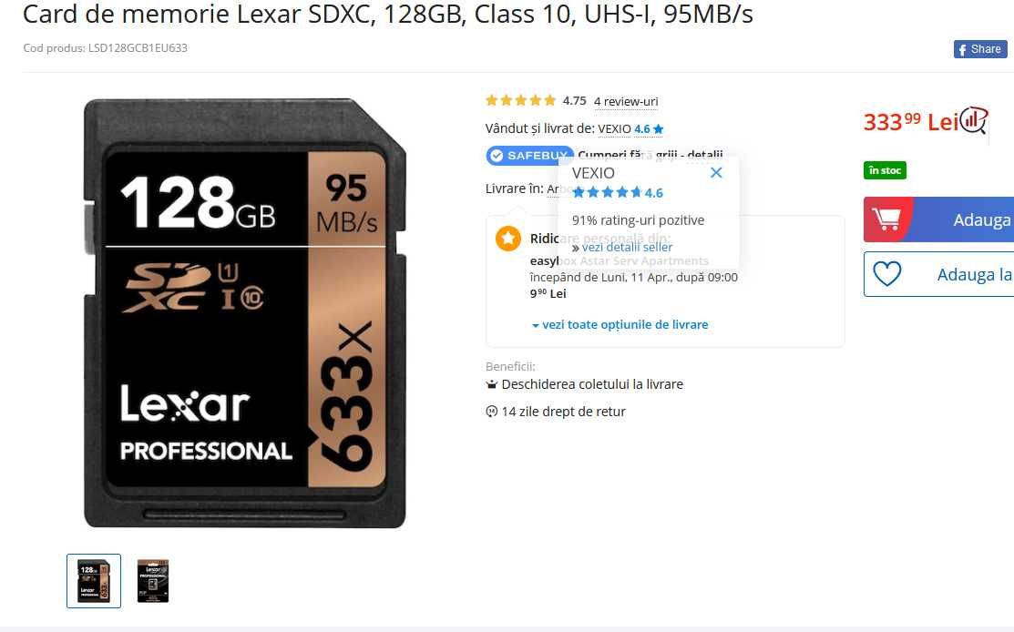 Card de memorie Lexar SDXC 128GB