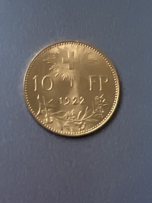 Moneda aur Elvetia 10 Francs (10 franci). 3,22 gr, 22K